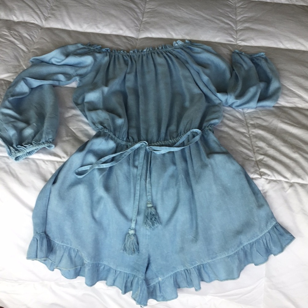 Style Envy Blue off the shoulder ruffle romper